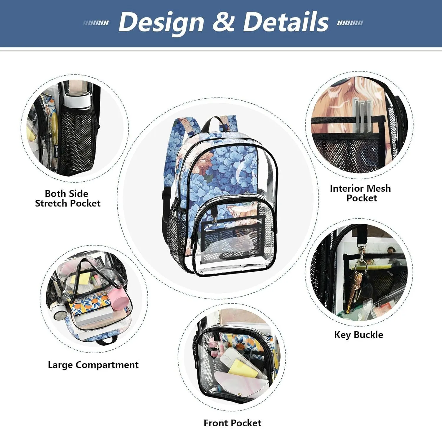 Clear Backpack for Stadium Events School Backpacks Girls Boys heavy duty PVC Waterproof Transparent Plastic Book Bag for Women Work Brown Abyssinian Cat Hydrangea