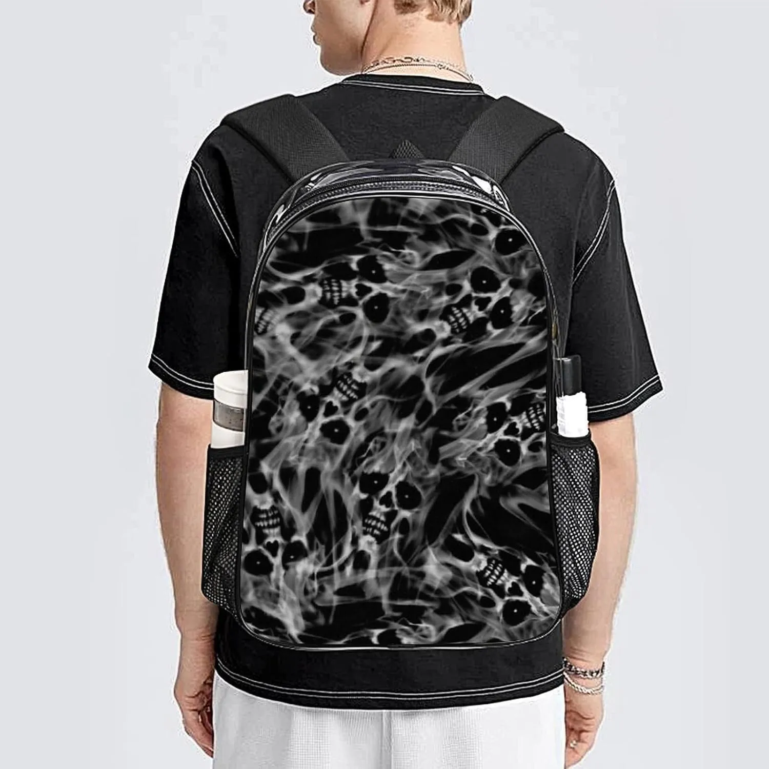 Clear Backpack Heavy Duty Clear Bookbag Ghost Skulls And Flames Transparent Backpack See Through Plastic Backpacks for Work, Concert, College