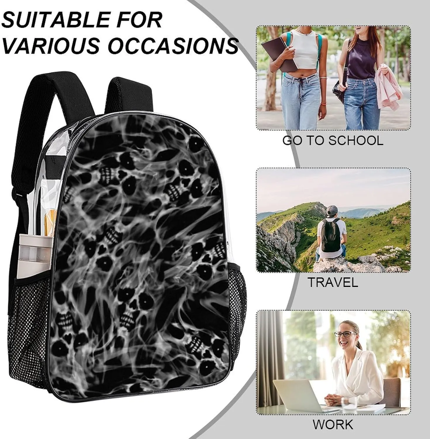 Clear Backpack Heavy Duty Clear Bookbag Ghost Skulls And Flames Transparent Backpack See Through Plastic Backpacks for Work, Concert, College
