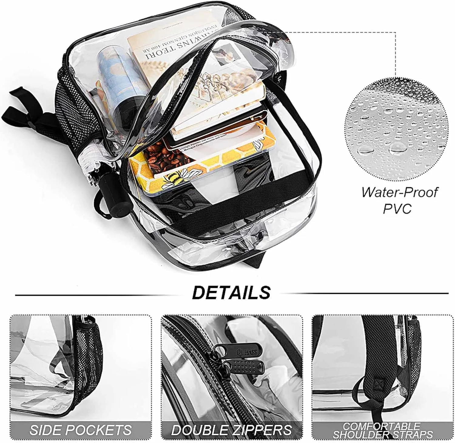 Clear Backpack Heavy Duty Clear Bookbag Ghost Skulls And Flames Transparent Backpack See Through Plastic Backpacks for Work, Concert, College