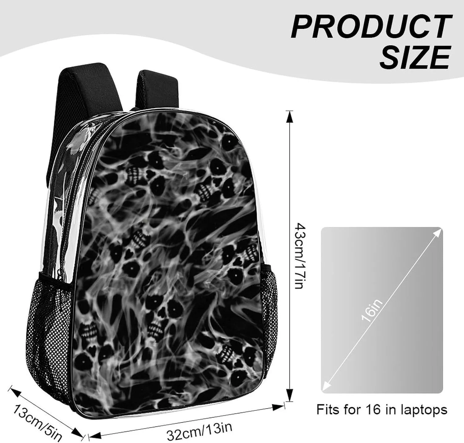 Clear Backpack Heavy Duty Clear Bookbag Ghost Skulls And Flames Transparent Backpack See Through Plastic Backpacks for Work, Concert, College