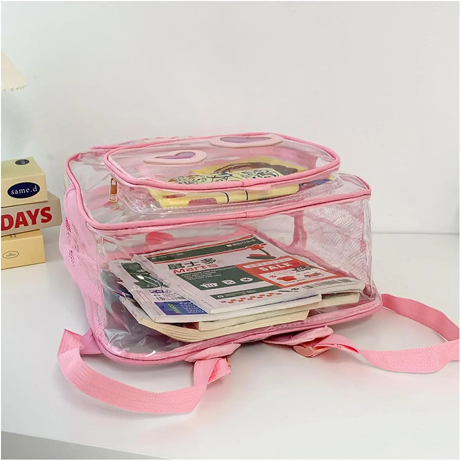 Clear Backpack Heavy Duty PVC Transparent Bookbags with Padded Shoulders for travel,Work,College, Stadium (purple heart)
