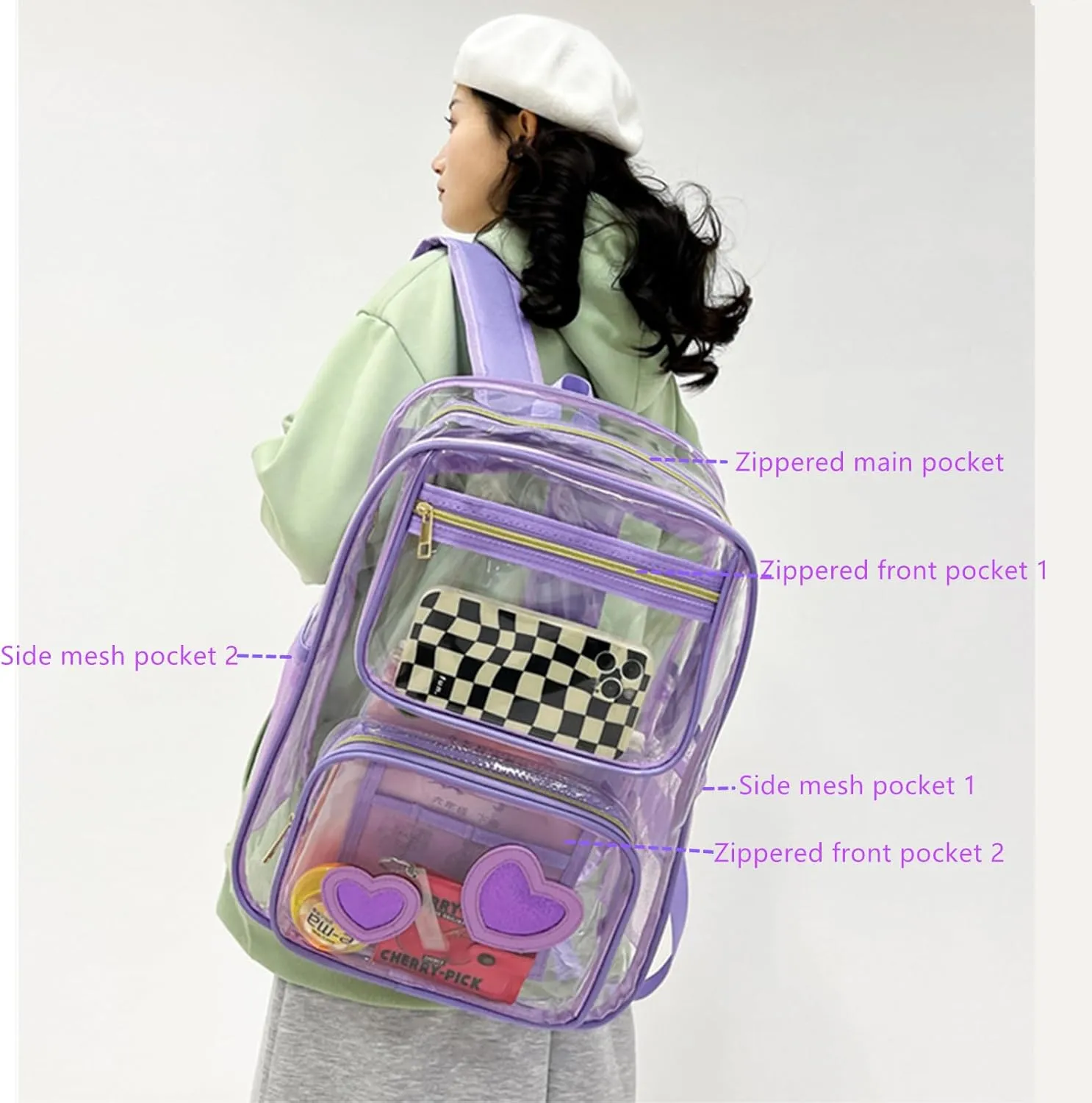 Clear Backpack Heavy Duty PVC Transparent Bookbags with Padded Shoulders for travel,Work,College, Stadium (purple heart)