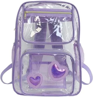 Clear Backpack Heavy Duty PVC Transparent Bookbags with Padded Shoulders for travel,Work,College, Stadium (purple heart)
