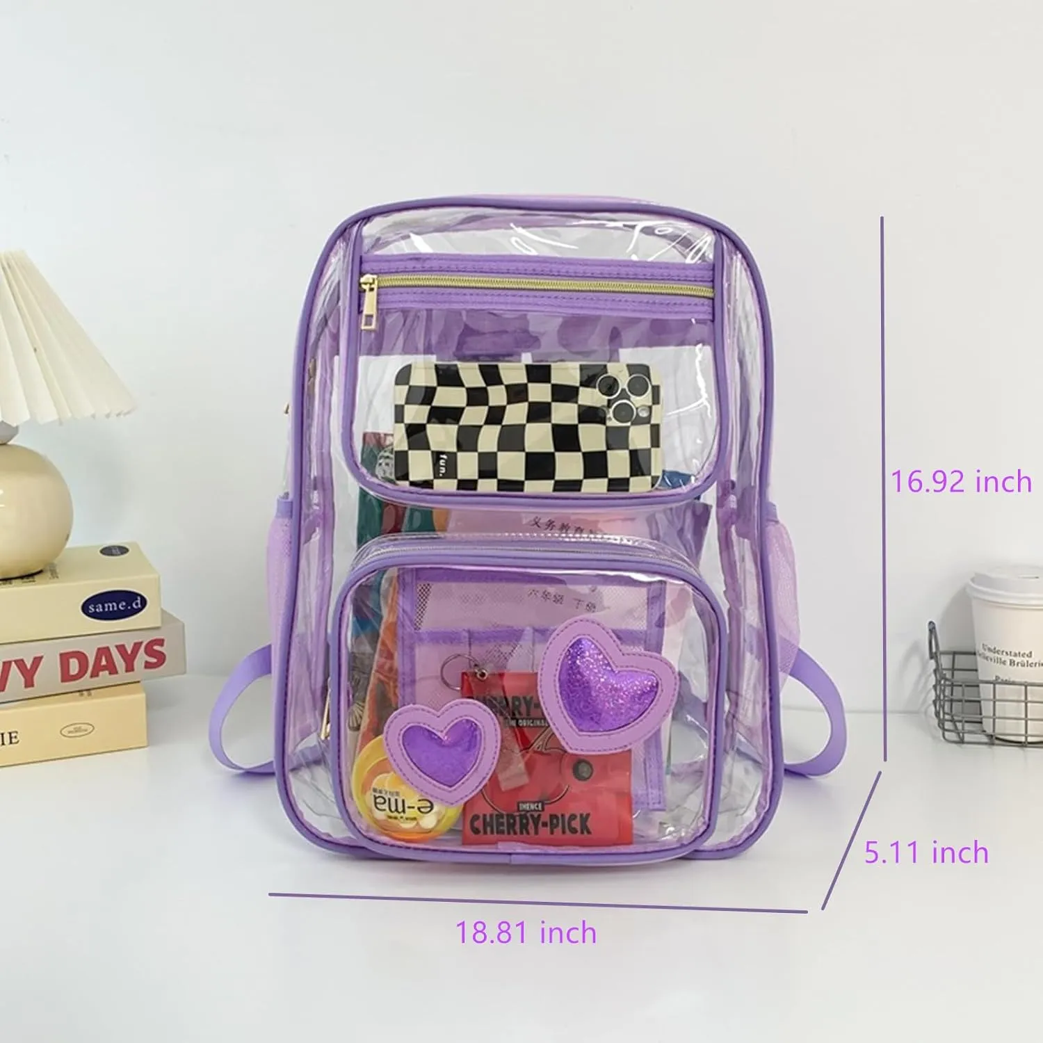 Clear Backpack Heavy Duty PVC Transparent Bookbags with Padded Shoulders for travel,Work,College, Stadium (purple heart)