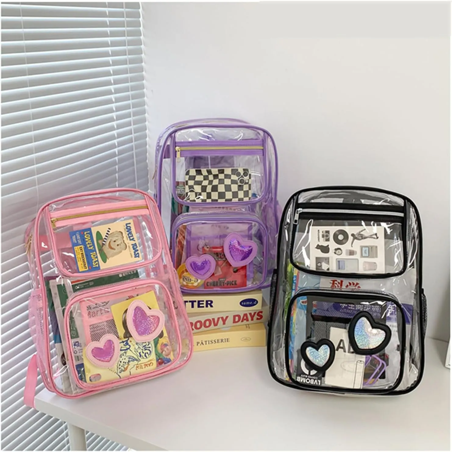 Clear Backpack Heavy Duty PVC Transparent Bookbags with Padded Shoulders for travel,Work,College, Stadium (purple heart)