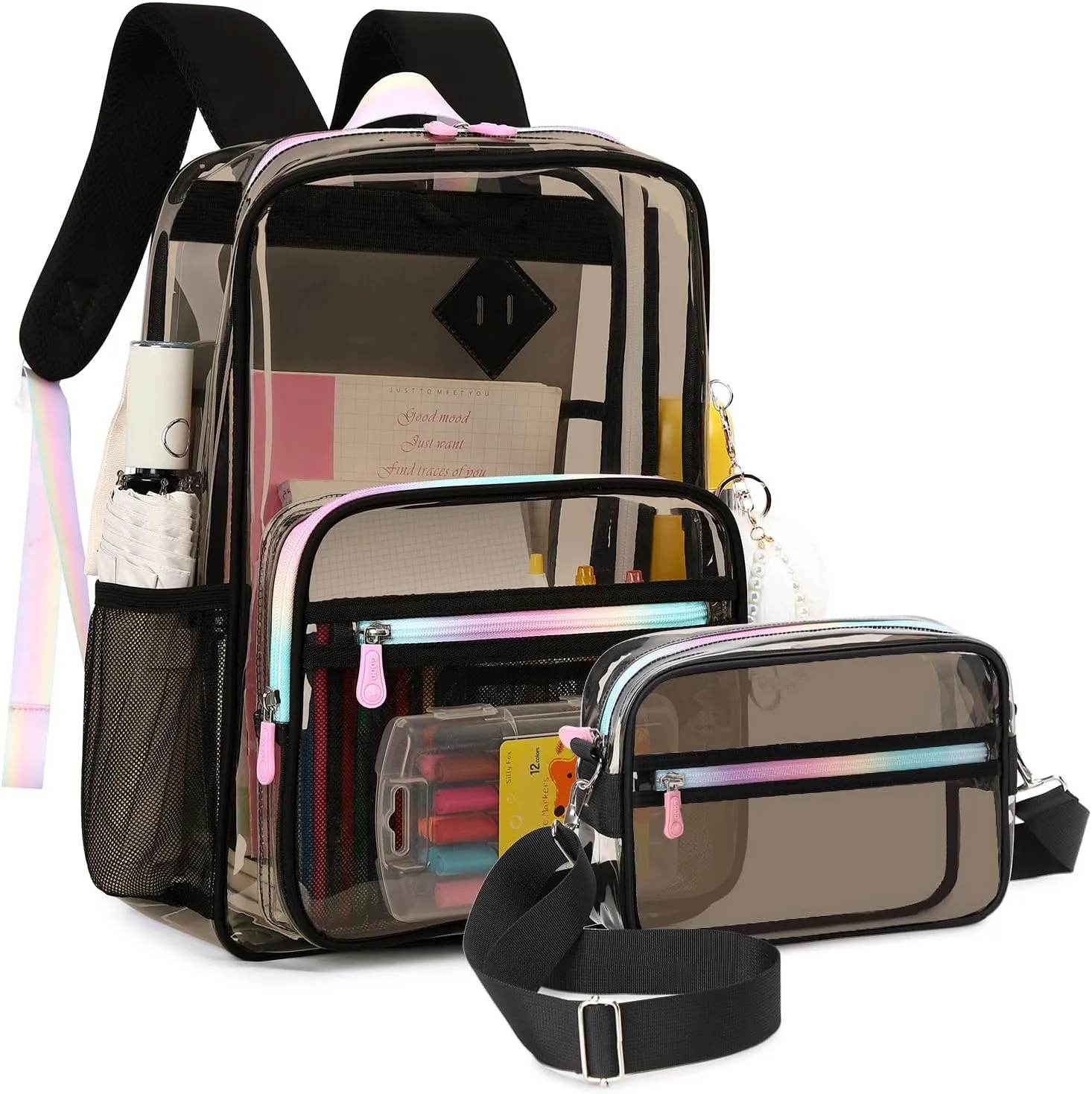 Clear Backpack Heavy Duty Transparent Backpack for School Clear Bags with Wider Shoulder Straps See Through Plastic Bags Sport Events Concert Stadium-Black 2PCS
