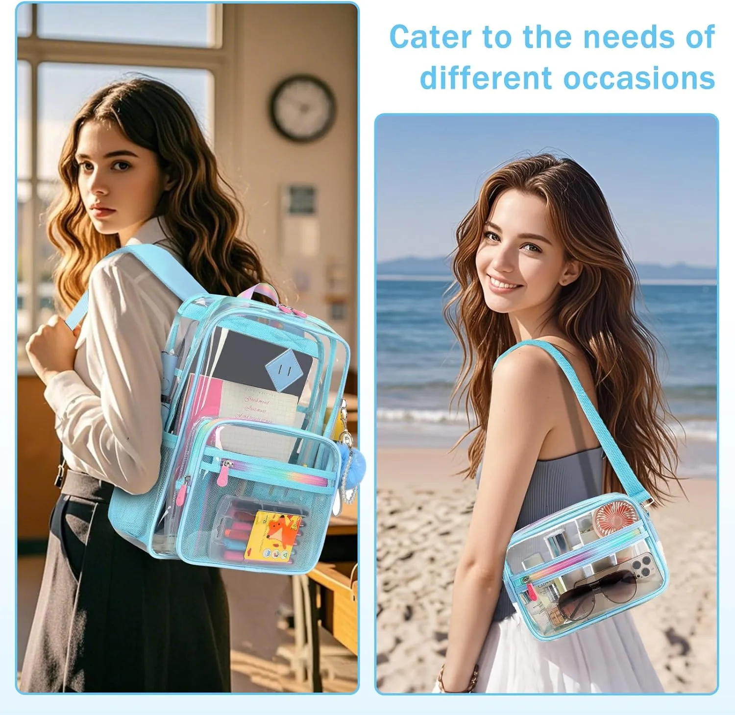 Clear Backpack Heavy Duty Transparent Backpack for School Clear Bags with Wider Shoulder Straps See Through Plastic Bags Sport Events Concert Stadium-Blue 2PCS