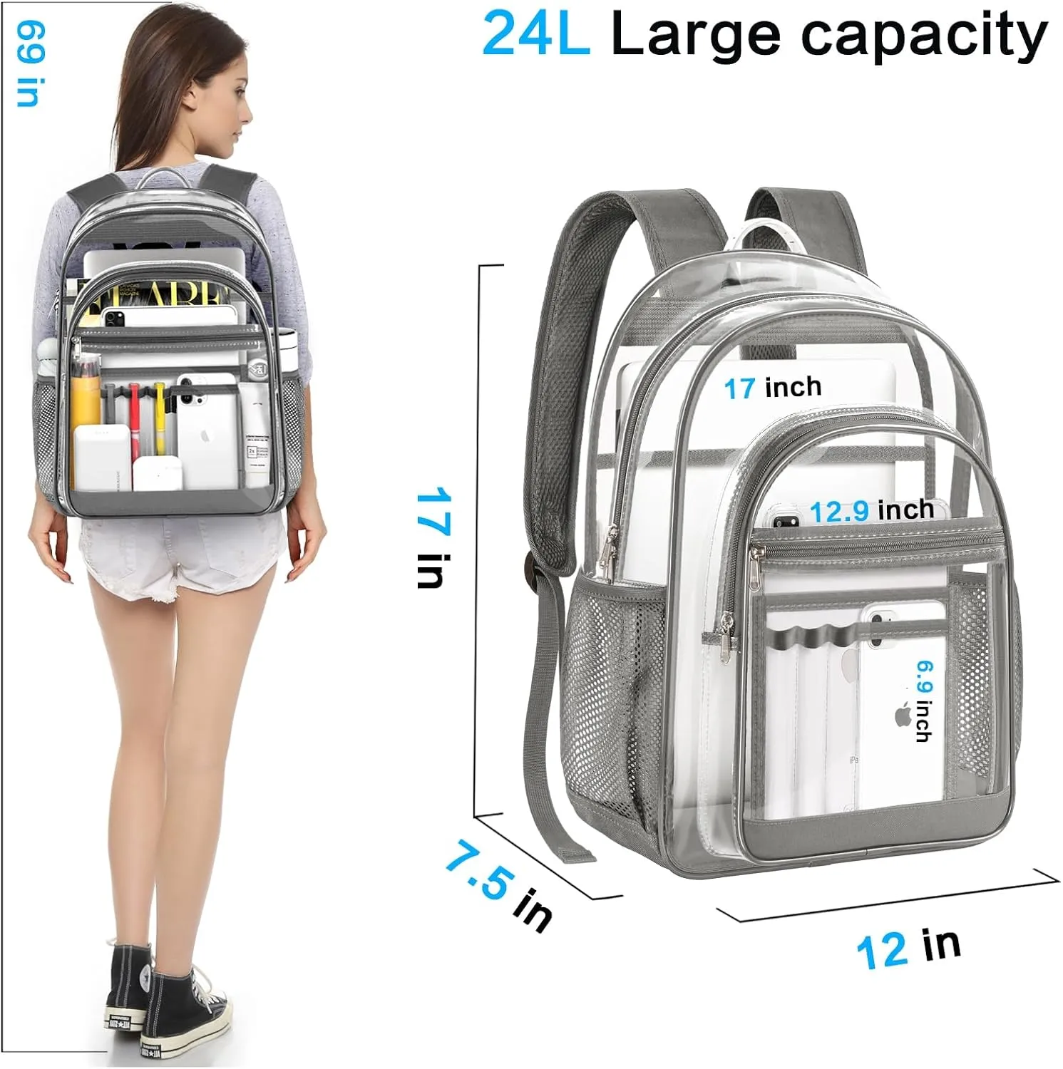 Clear Backpack, Heavy Duty Transparent Bag with Reinforced Bottom Multi-pockets See Through Backpack for College Work Travel Security - Gray