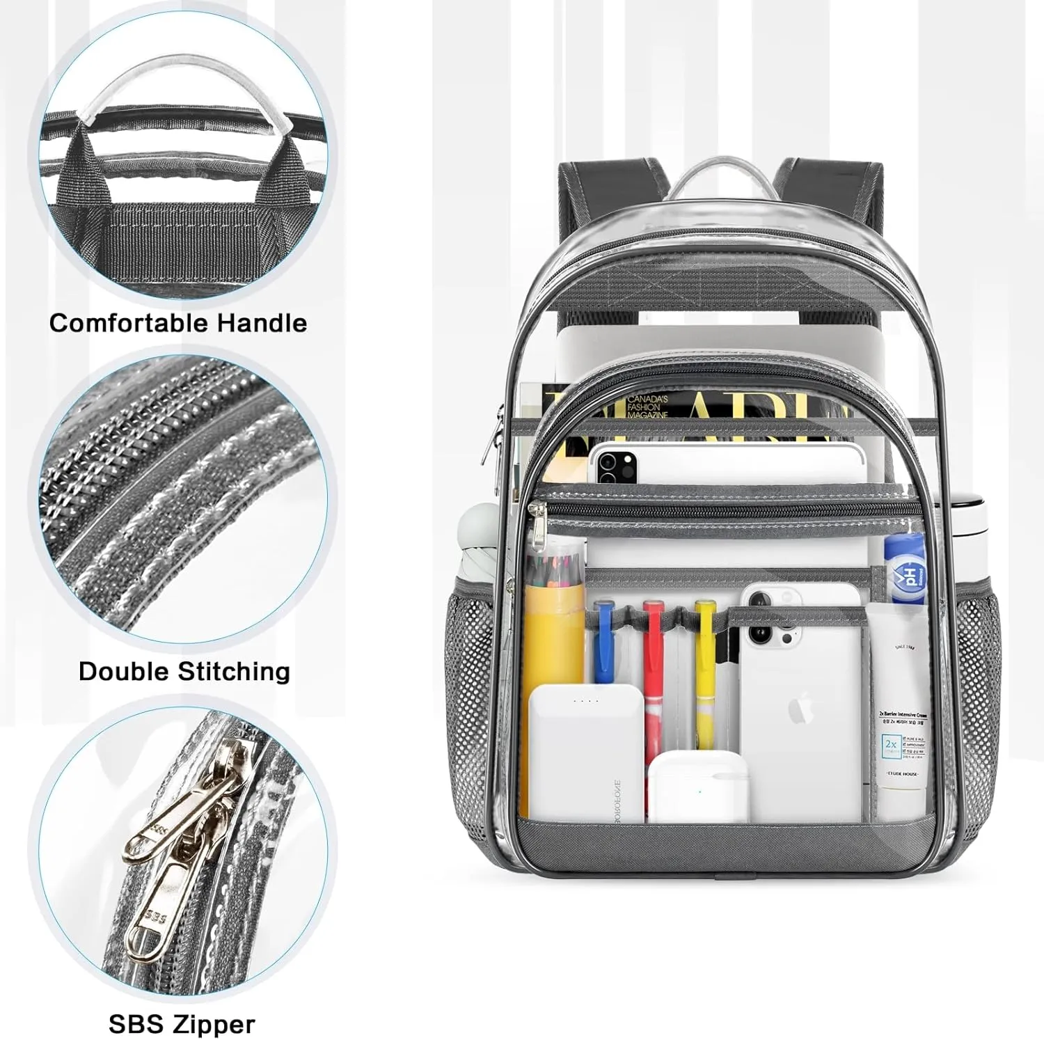 Clear Backpack, Heavy Duty Transparent Bag with Reinforced Bottom Multi-pockets See Through Backpack for College Work Travel Security - Gray
