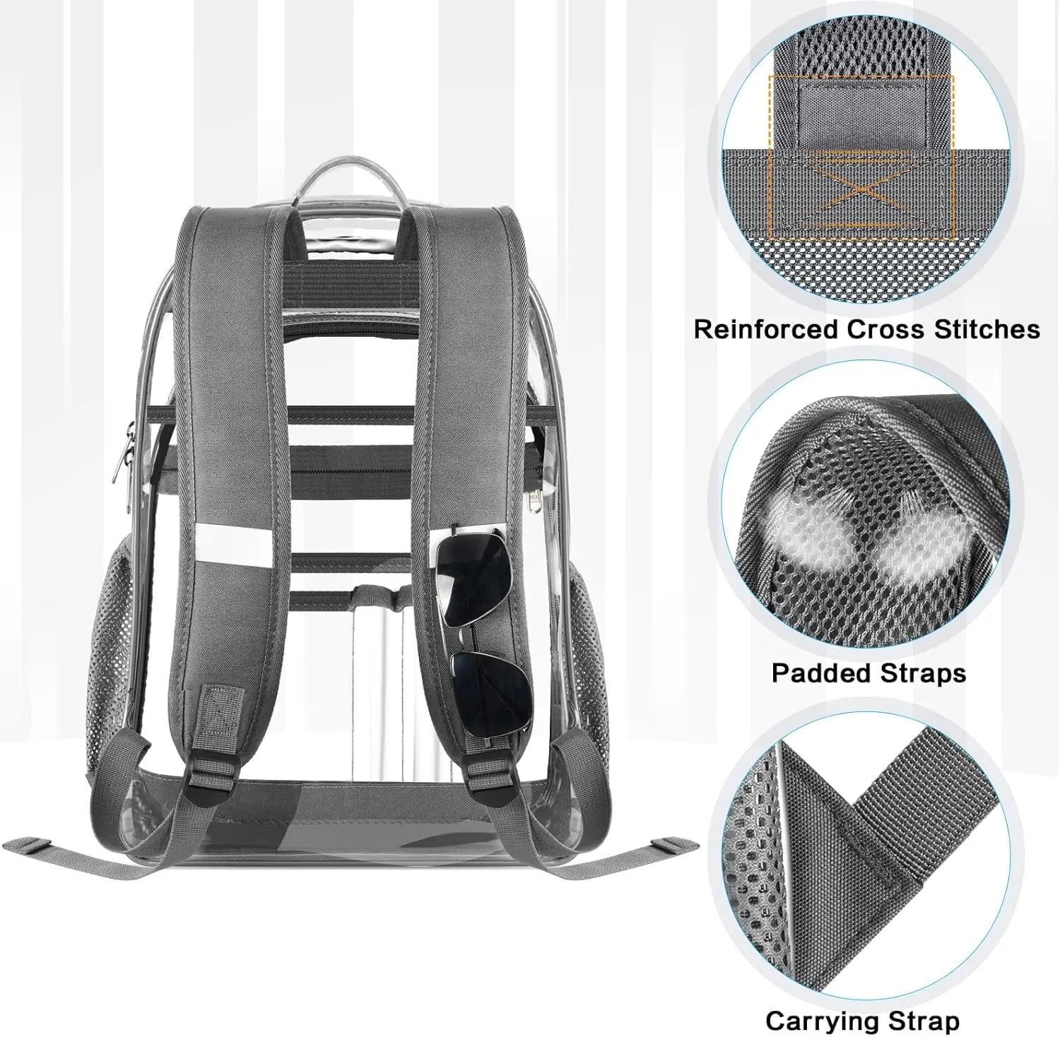 Clear Backpack, Heavy Duty Transparent Bag with Reinforced Bottom Multi-pockets See Through Backpack for College Work Travel Security - Gray