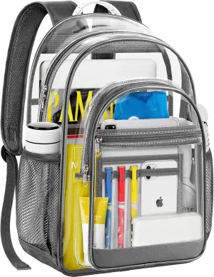 Clear Backpack, Heavy Duty Transparent Bag with Reinforced Bottom Multi-pockets See Through Backpack for College Work Travel Security - Gray