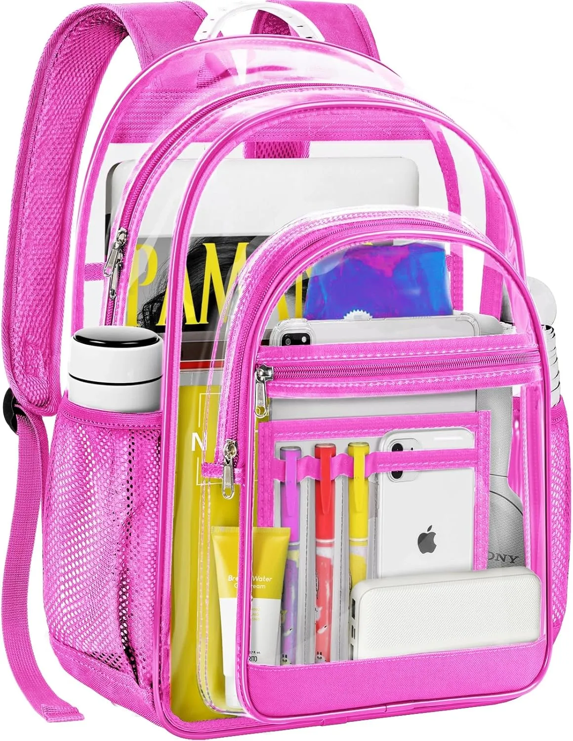 Clear Backpack,17" Large Heavy Duty Transparent Backpack with Multi-pockets See Through Bag for College, Travel, Workplace Security - Pink