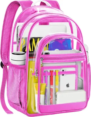 Clear Backpack,17" Large Heavy Duty Transparent Backpack with Multi-pockets See Through Bag for College, Travel, Workplace Security - Pink