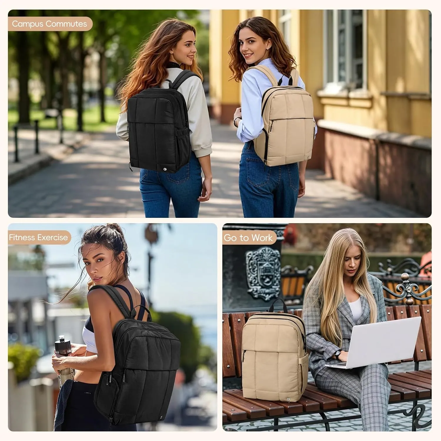 CLUCI Quilted Laptop Backpack fits 15.6" Laptop, Travel Backpack for Women, Lightweight Carry on Backpack for Airplanes, Puffy Gym Bag with Shoe Compartment (Black)