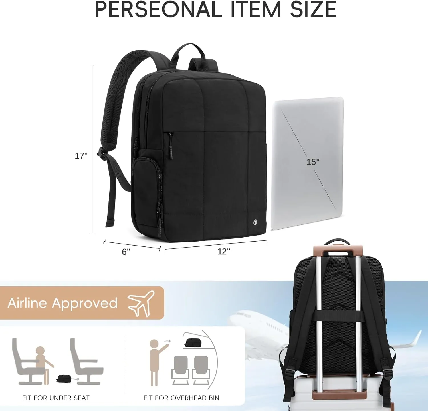 CLUCI Quilted Laptop Backpack fits 15.6" Laptop, Travel Backpack for Women, Lightweight Carry on Backpack for Airplanes, Puffy Gym Bag with Shoe Compartment (Black)