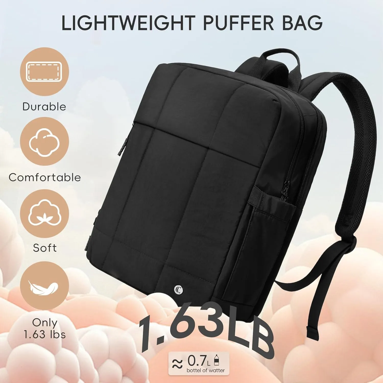 CLUCI Quilted Laptop Backpack fits 15.6" Laptop, Travel Backpack for Women, Lightweight Carry on Backpack for Airplanes, Puffy Gym Bag with Shoe Compartment (Black)
