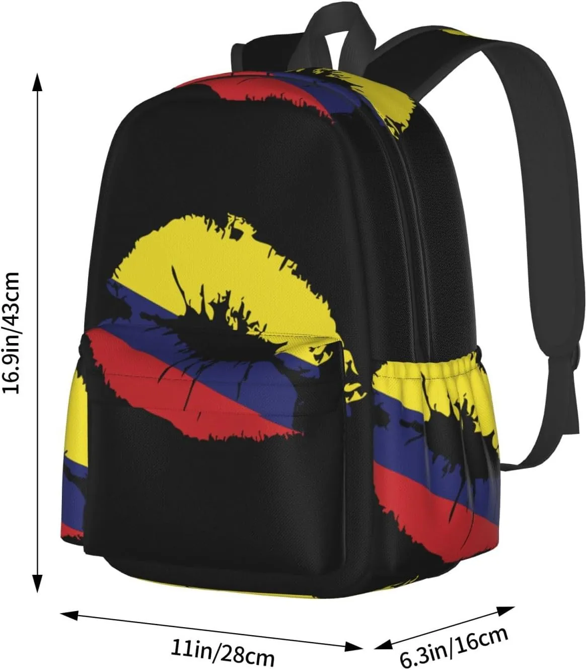 Colombia Flag Lips Colombian Kiss Laptop Commuter Backpack Shoulder Bag Casual Back Pack Daypack Bags With Side Pockets For Work Travel Daily Use