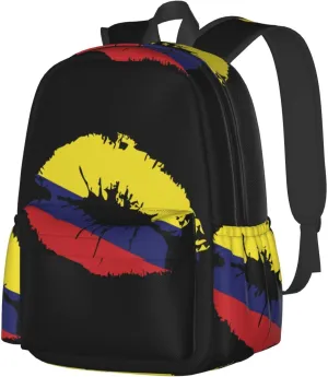 Colombia Flag Lips Colombian Kiss Laptop Commuter Backpack Shoulder Bag Casual Back Pack Daypack Bags With Side Pockets For Work Travel Daily Use