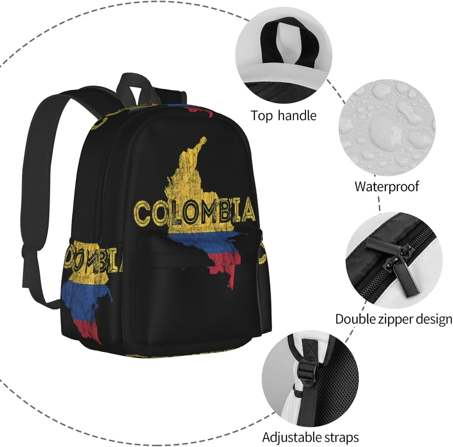 Colombian Map Colombia Flag Laptop Commuter Backpack Shoulder Bag Casual Back Pack Daypack Bags With Side Pockets For Work Travel Daily Use