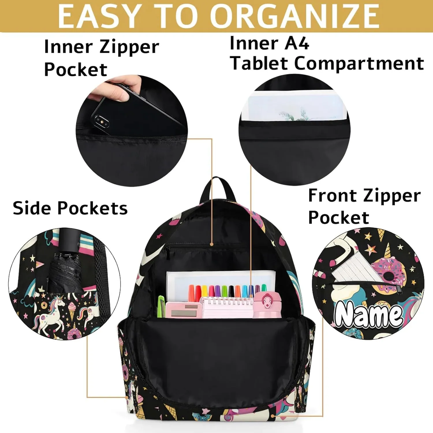 Colorful Unicorn Personalized Backpack Bag with Name Lightweight Custom Shoulder Bags Waterproof Casual Backpacks Travel Laptop Bag 15.1in