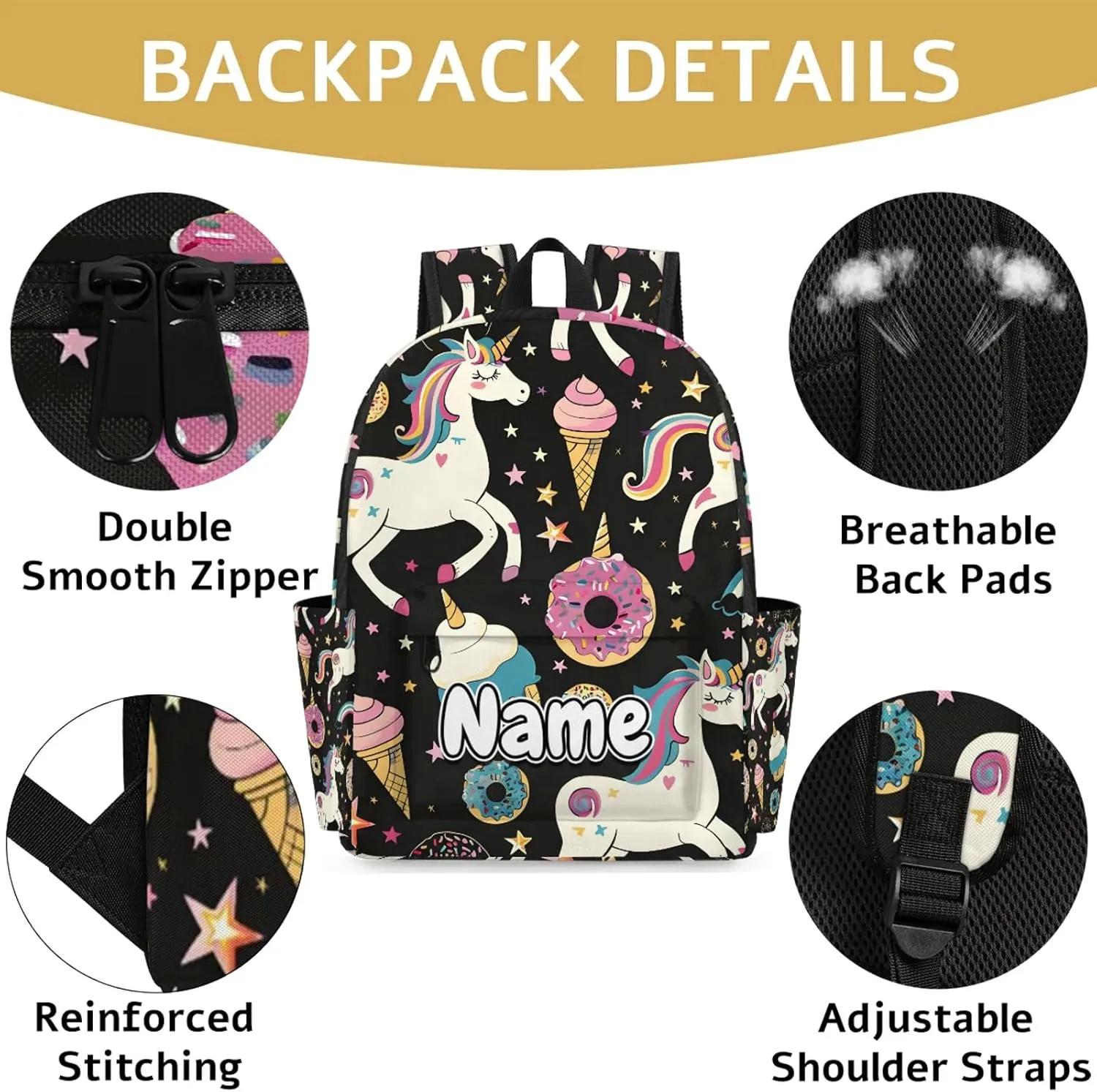 Colorful Unicorn Personalized Backpack Bag with Name Lightweight Custom Shoulder Bags Waterproof Casual Backpacks Travel Laptop Bag 15.1in