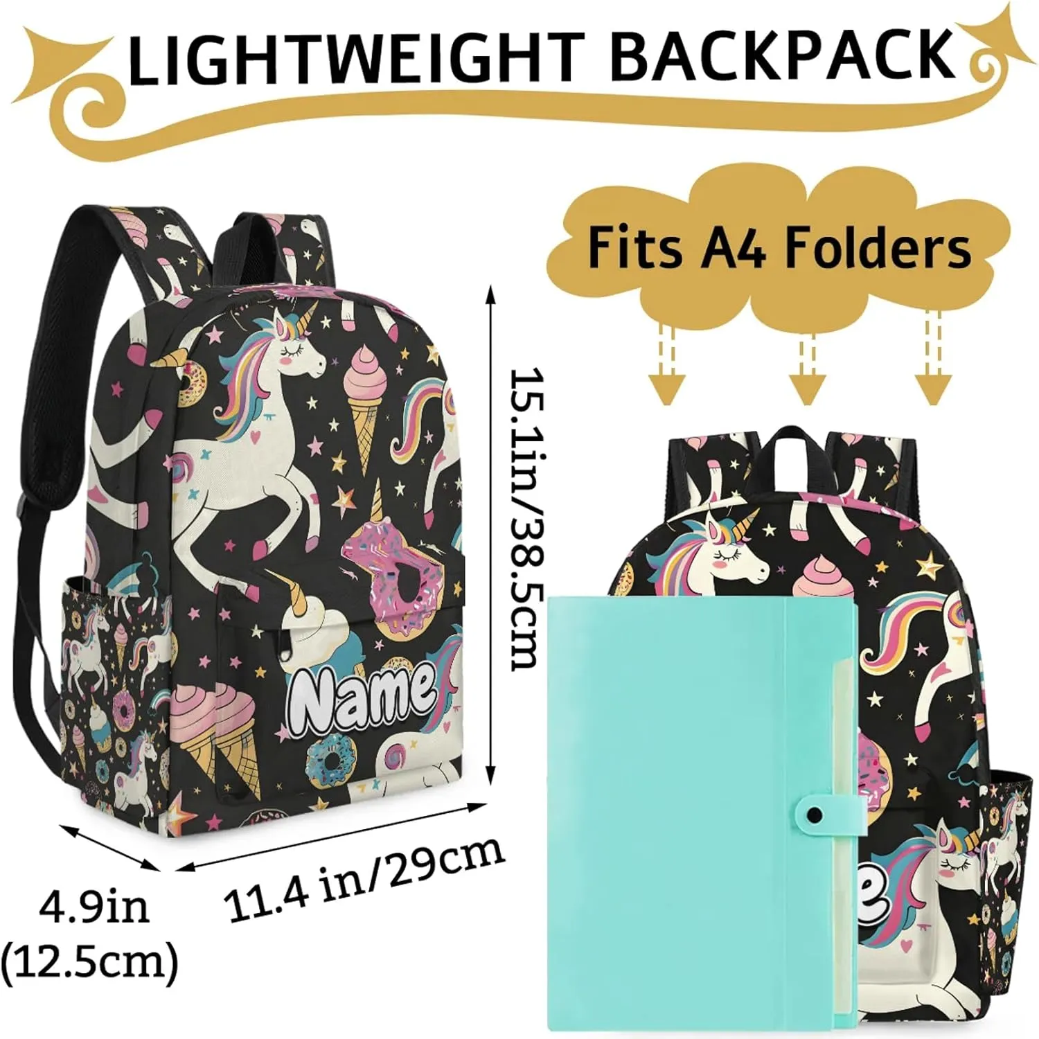 Colorful Unicorn Personalized Backpack Bag with Name Lightweight Custom Shoulder Bags Waterproof Casual Backpacks Travel Laptop Bag 15.1in