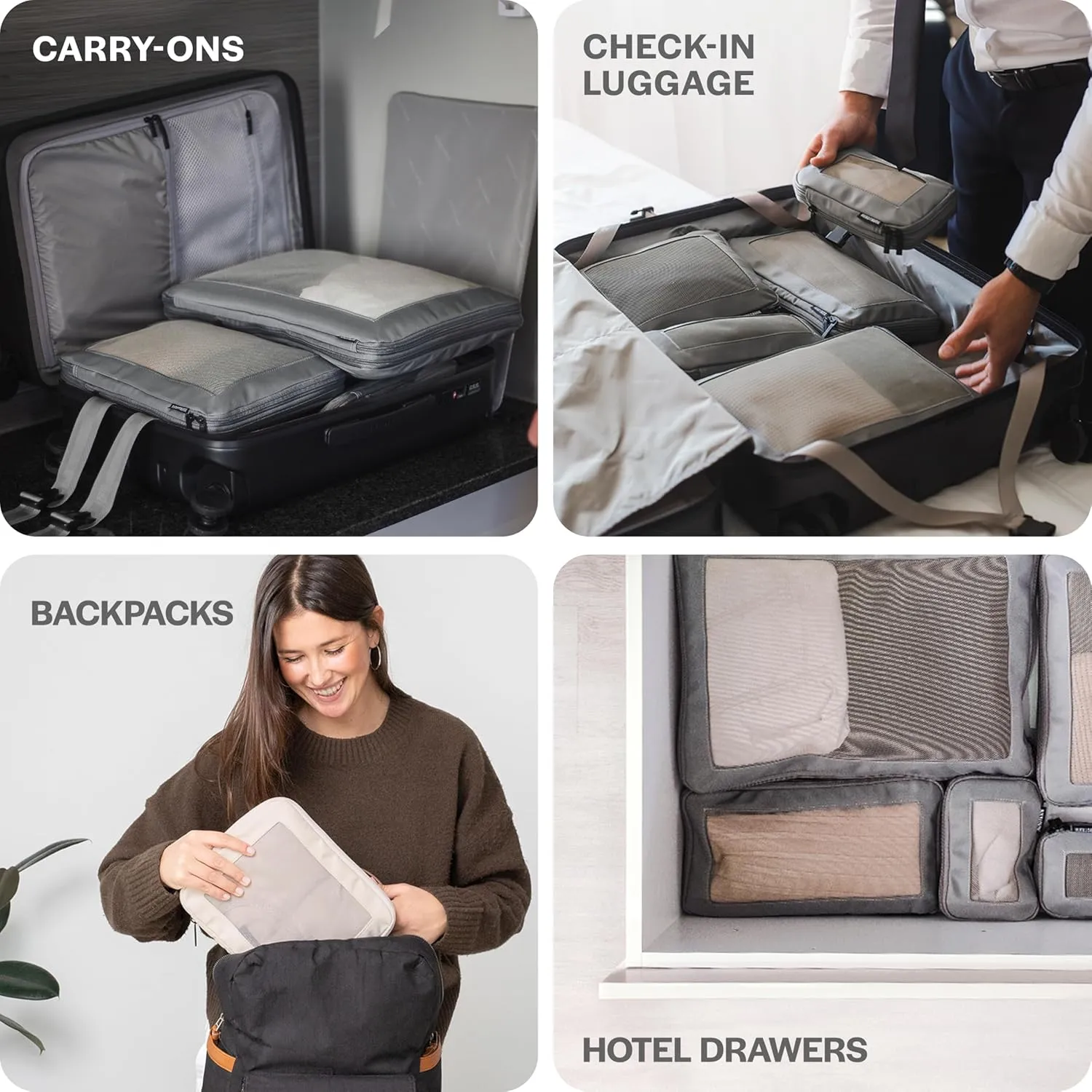 Compression Packing Cubes for Travel - Luggage Organizer Bags - Double Zipper Packing Cubes for Suitcases (2-Pack, Dark Grey)