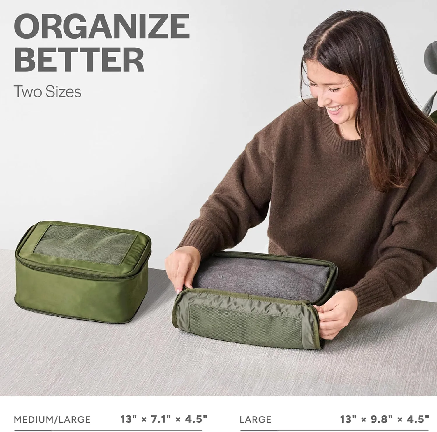 Compression Packing Cubes for Travel - Luggage Organizer Bags - Double Zipper Packing Cubes for Suitcases (2-Pack, Olive)