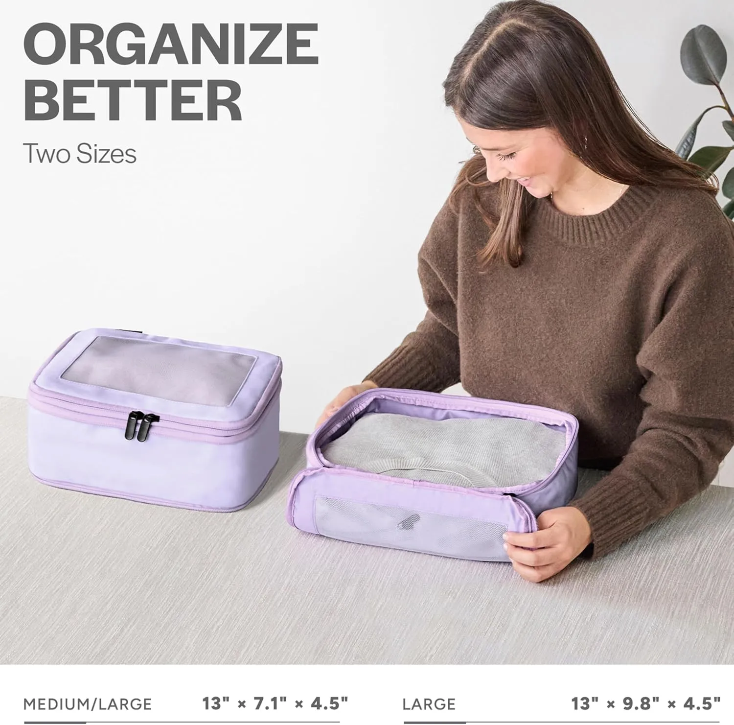 Compression Packing Cubes for Travel - Luggage Organizer Bags - Double Zipper Packing Cubes for Suitcases (2-Pack, Purple)