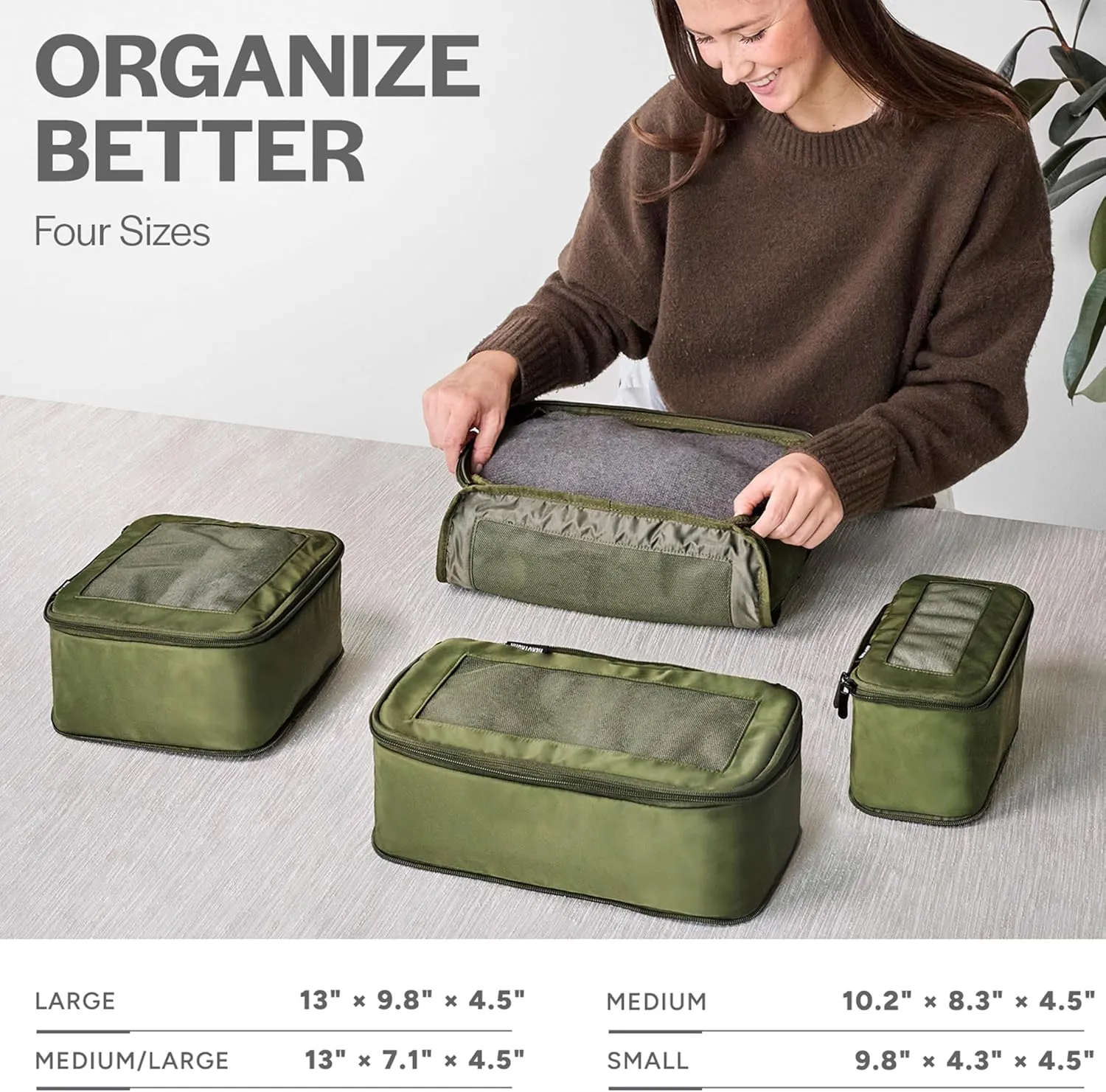 Compression Packing Cubes for Travel - Luggage Organizer Bags - Double Zipper Packing Cubes for Suitcases (4-Pack, Olive)
