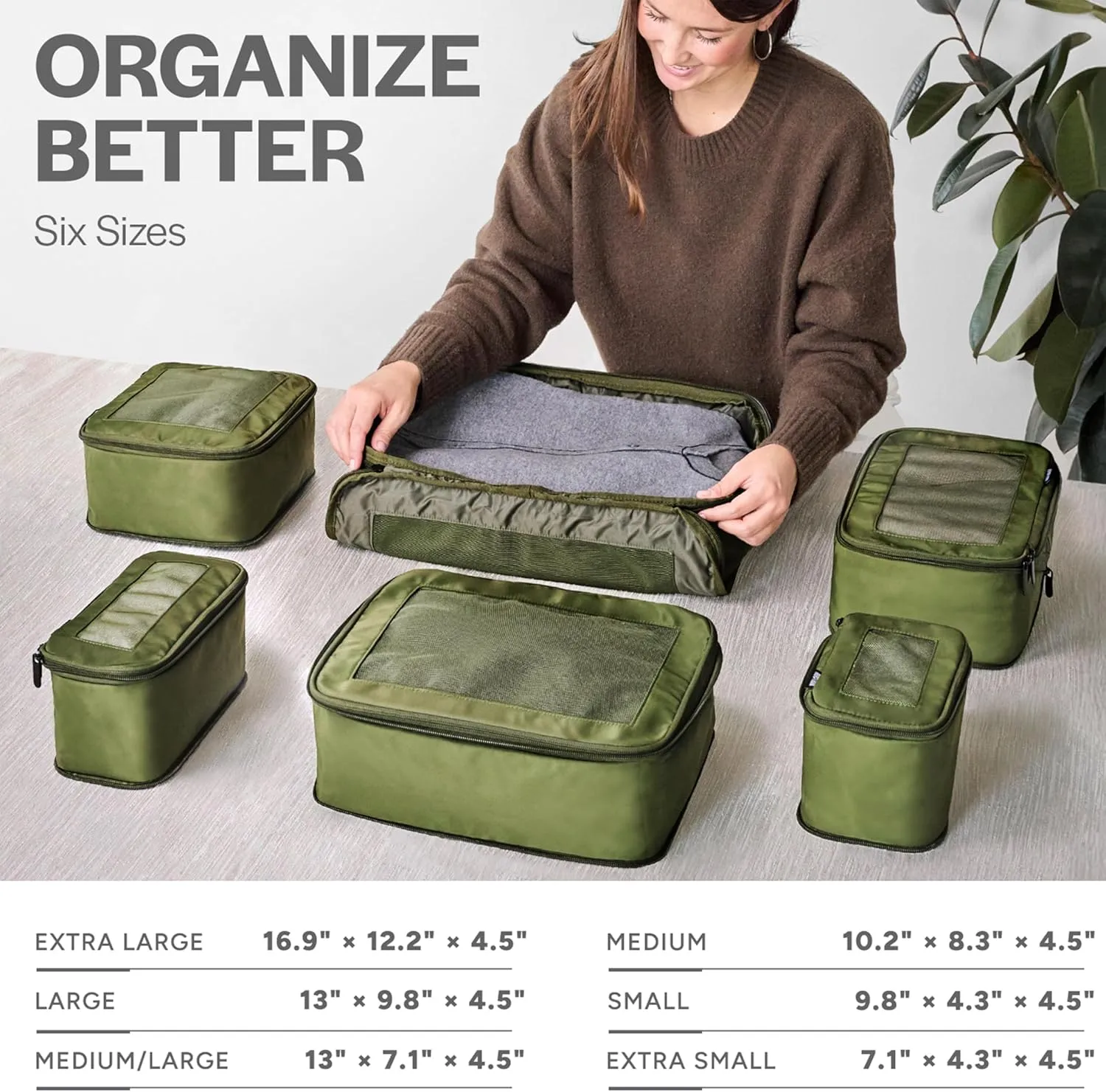 Compression Packing Cubes for Travel - Luggage Organizer Bags - Double Zipper Packing Cubes for Suitcases (6-Pack, Olive)