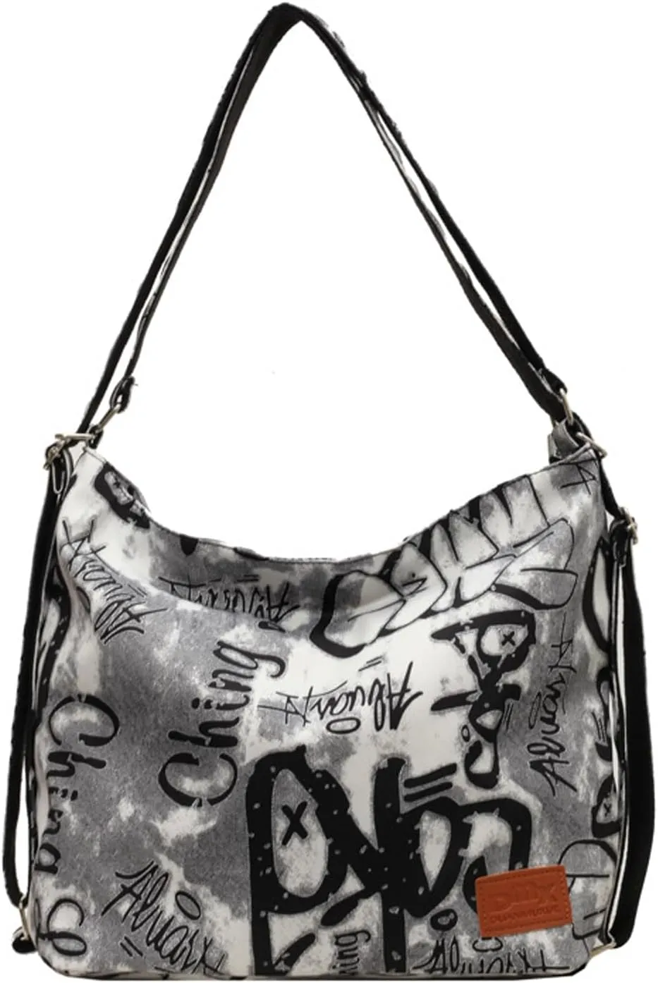 Convertible Graffiti Canvas Hobo Shoulder Bag/Backpack for Women, Zipper Closure, Crossbody Purse