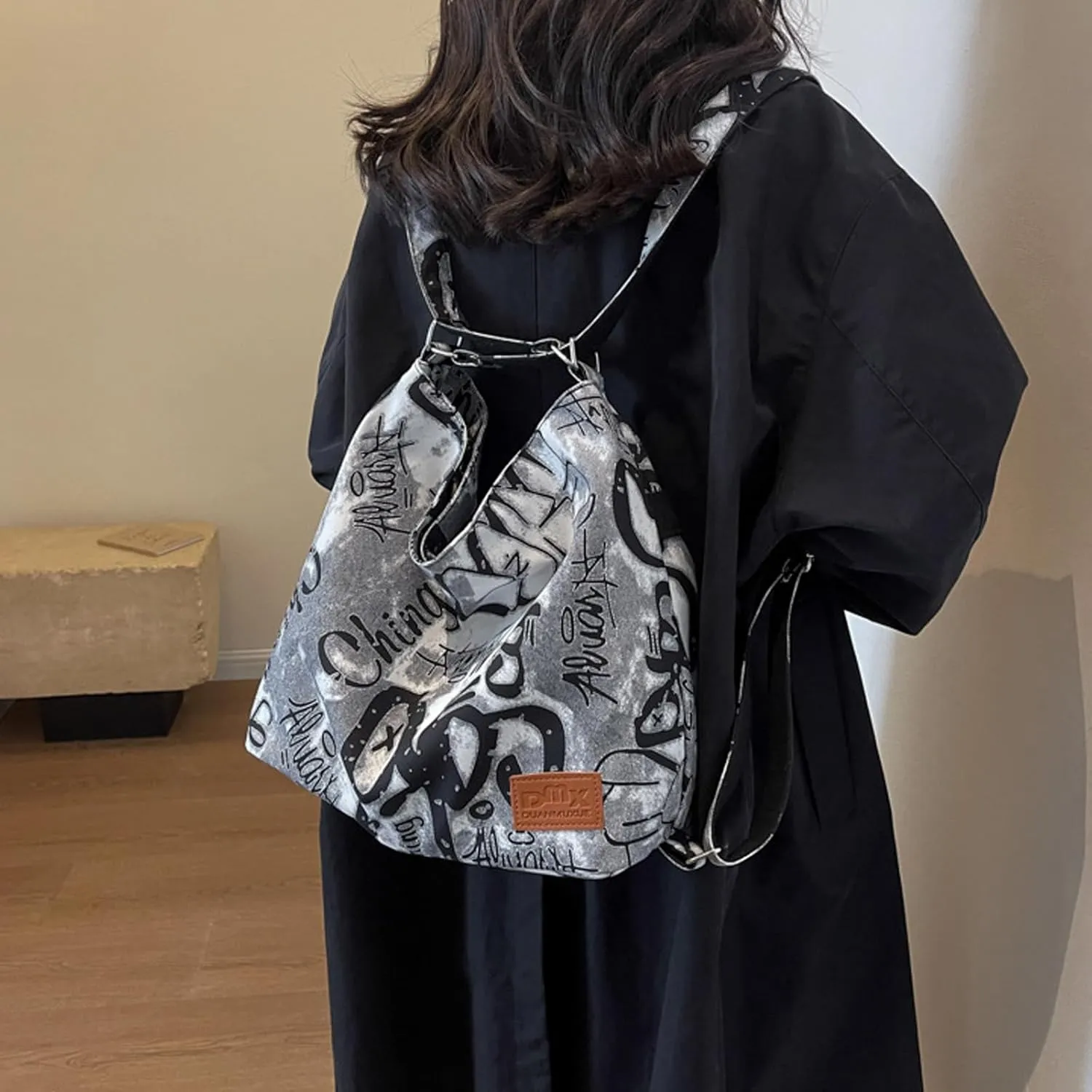 Convertible Graffiti Canvas Hobo Shoulder Bag/Backpack for Women, Zipper Closure, Crossbody Purse