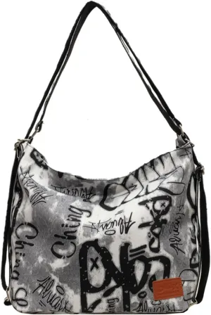 Convertible Graffiti Canvas Hobo Shoulder Bag/Backpack for Women, Zipper Closure, Crossbody Purse