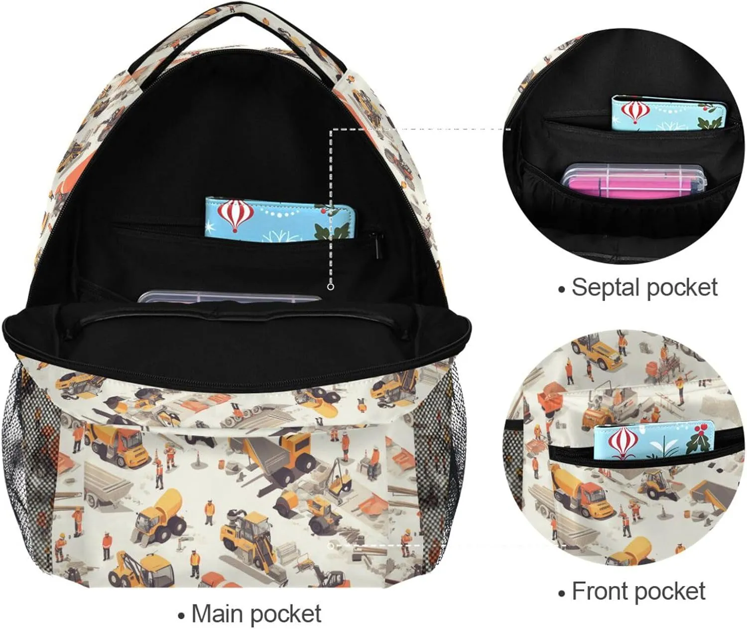 Cool Backpacks for Teens Boys Girls Waterproof Carry On Backpacks with Chest Strap Gift Men & Women Construction Scene Highway Construction Bulldozer