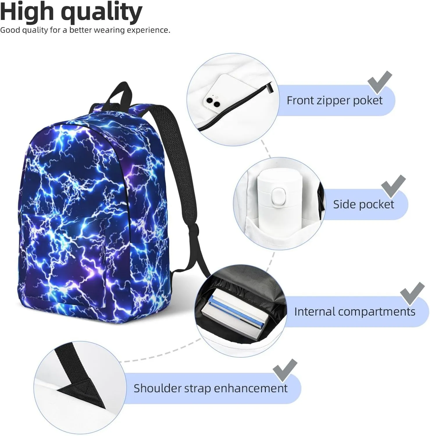 Cool Blue Purple Lightning Backpack for Girls Boys Women Lightweight Canvas Bookbag Casual Daypack for Travel Outdoor Camping, 17 Inch