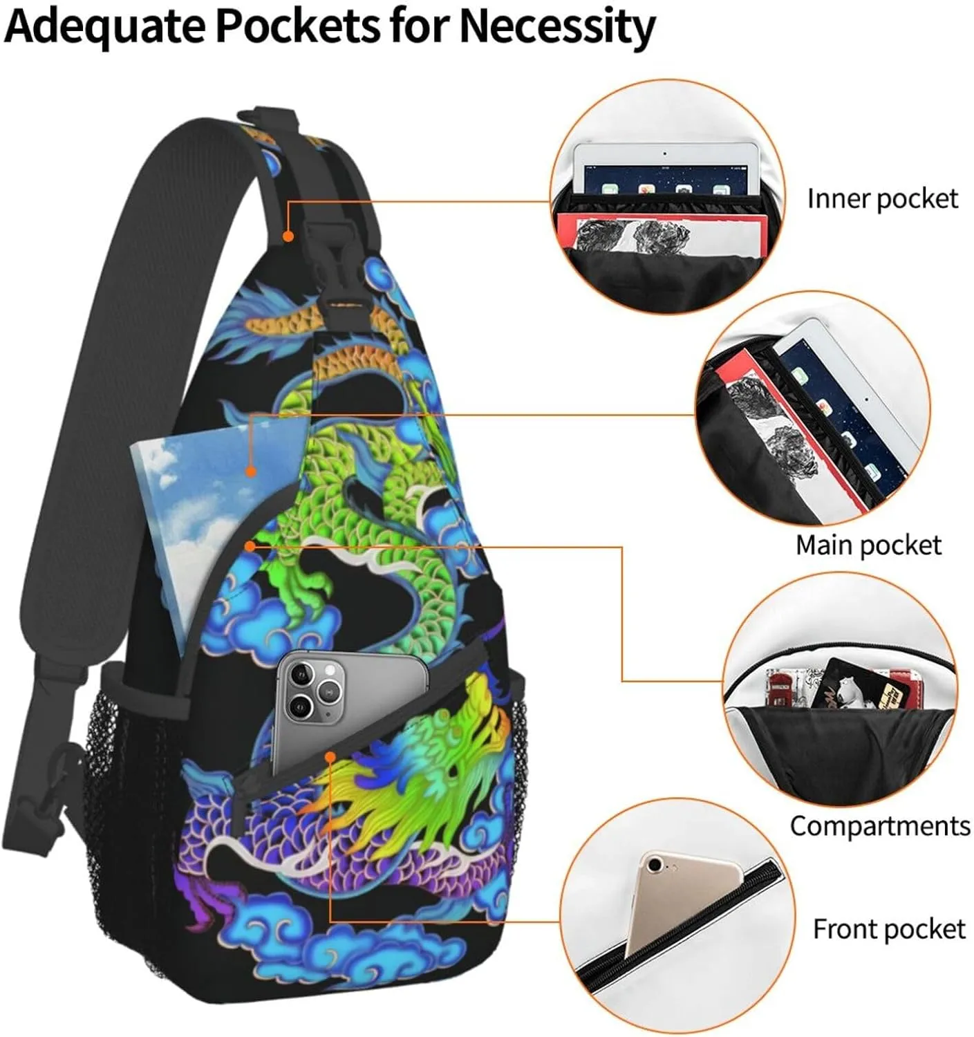 Cool Chinese Dragon Sling Bag,Casual Crossbody Backpack Shoulder Chest Bag for Women Men Travel Hiking Daypack