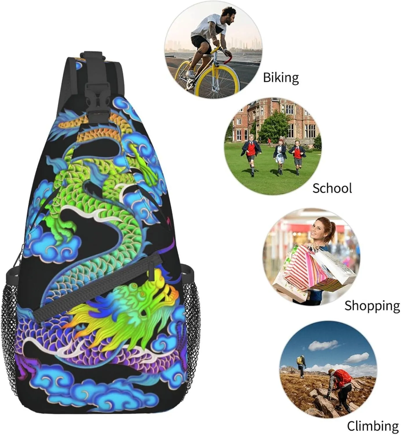 Cool Chinese Dragon Sling Bag,Casual Crossbody Backpack Shoulder Chest Bag for Women Men Travel Hiking Daypack
