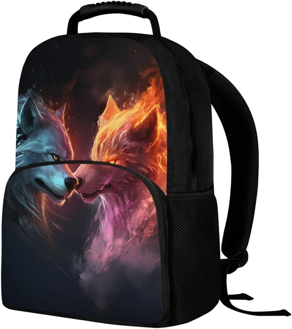 Cool Wolf Fox Animal Printed Backpacks for Boys Kids Teens Casual Soft Comfy Rucksack School Bags for Kindergarten,Blue Yellow Wolf