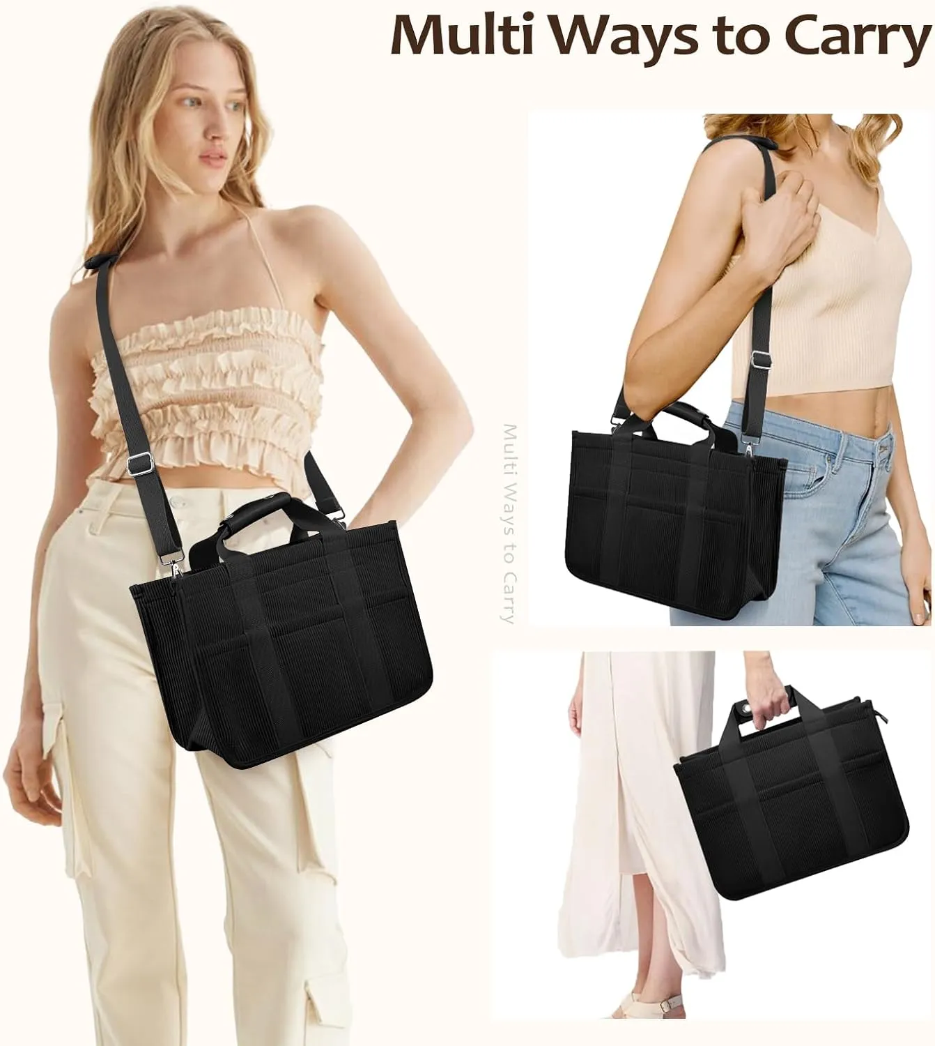 Corduroy Tote Bag with Zipper Women Large Crossbody Tote Purse with Pockets Everything Handbag Everyday Satchel Bag