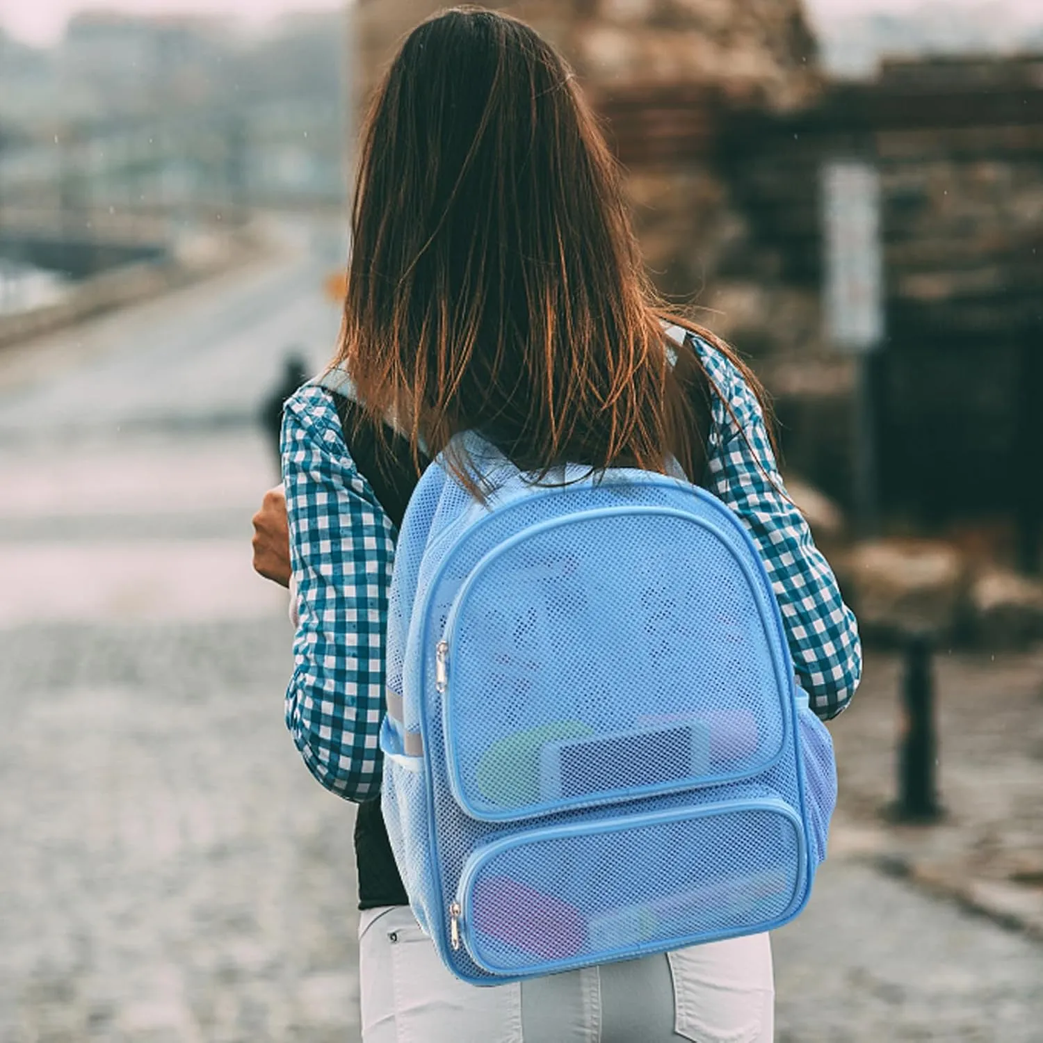 COVAX Mesh Backpack for Adults, Mesh School Bookbag Girls Boys, Semi-transparent net Back Pack for Gym, Work, Sports, Travel (Blue)