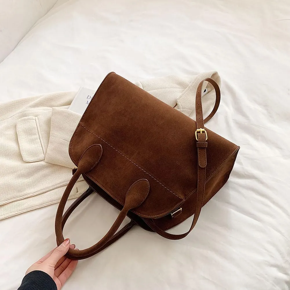 Covelin Women's Retro Suede Tote Bag Ladies' Fashion Shoulder Handbag Top Handle Purse