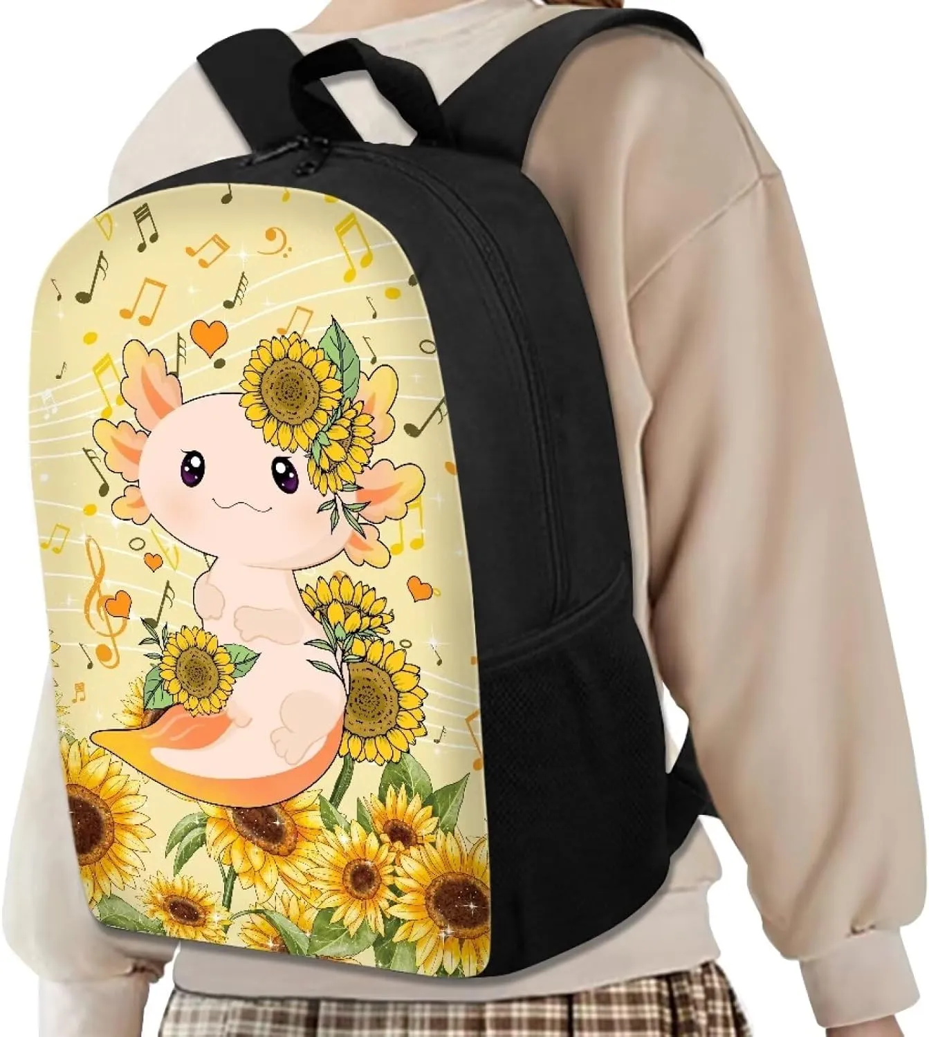 Cozeyat Axolotl Sunflowers Pattern Zipper Laptop Travel School Bag for Women Men,Students Elementary Casual Book Backpack Comfortable