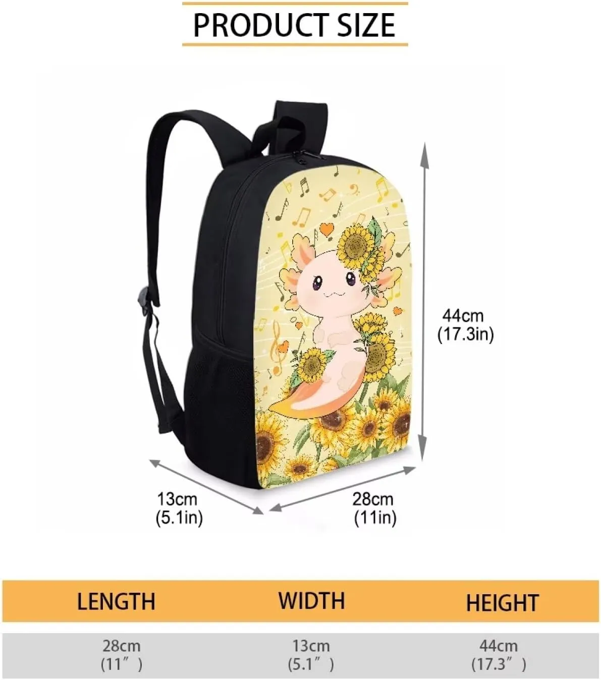 Cozeyat Axolotl Sunflowers Pattern Zipper Laptop Travel School Bag for Women Men,Students Elementary Casual Book Backpack Comfortable