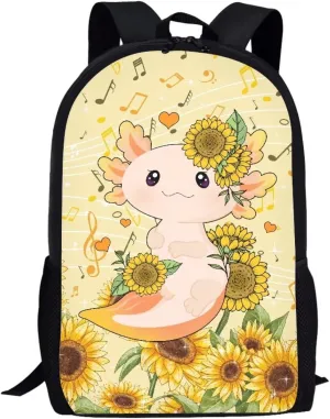 Cozeyat Axolotl Sunflowers Pattern Zipper Laptop Travel School Bag for Women Men,Students Elementary Casual Book Backpack Comfortable