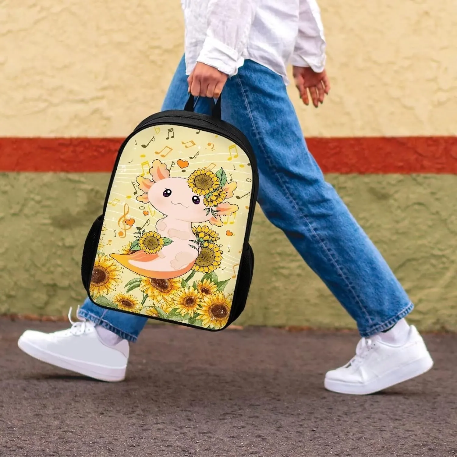 Cozeyat Axolotl Sunflowers Pattern Zipper Laptop Travel School Bag for Women Men,Students Elementary Casual Book Backpack Comfortable