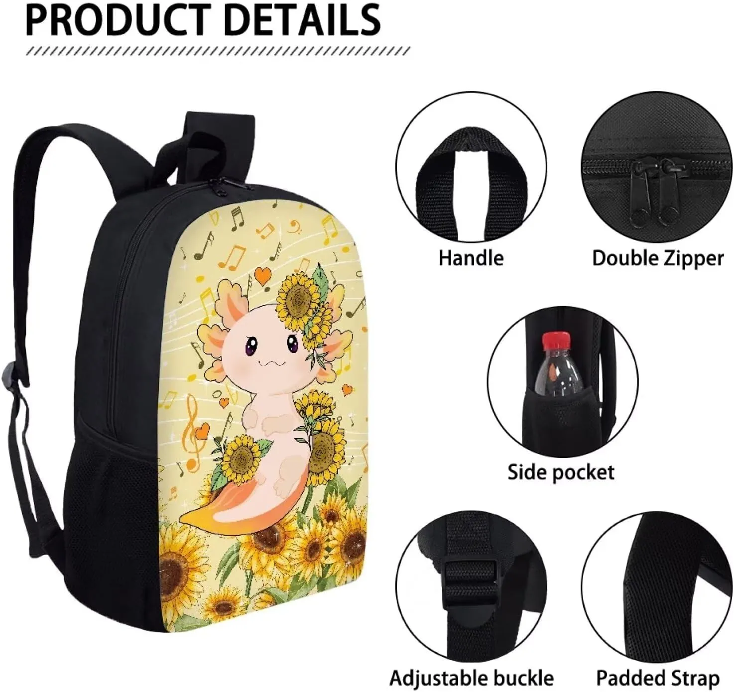 Cozeyat Axolotl Sunflowers Pattern Zipper Laptop Travel School Bag for Women Men,Students Elementary Casual Book Backpack Comfortable