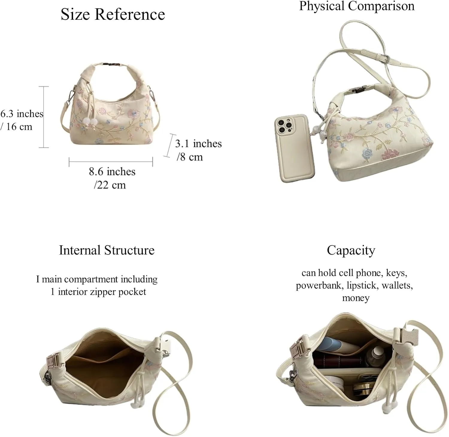 Crescent Crossbody Shoulder Bag, Tote Handbag for Women, Sling Hobo Purse with Chain Strap