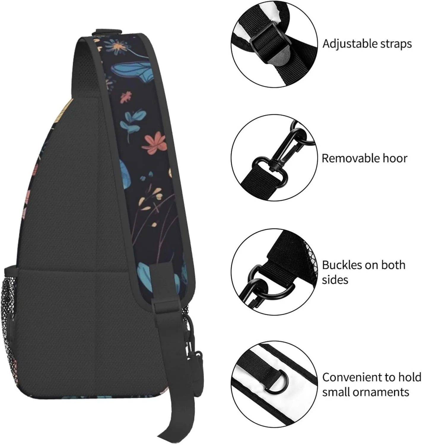 Crossbody Sling Backpack Sling Bag For Men Women Cross Chest Bag Shoulder Bag Floral Dragonfly Pattern Travel Hiking Daypack